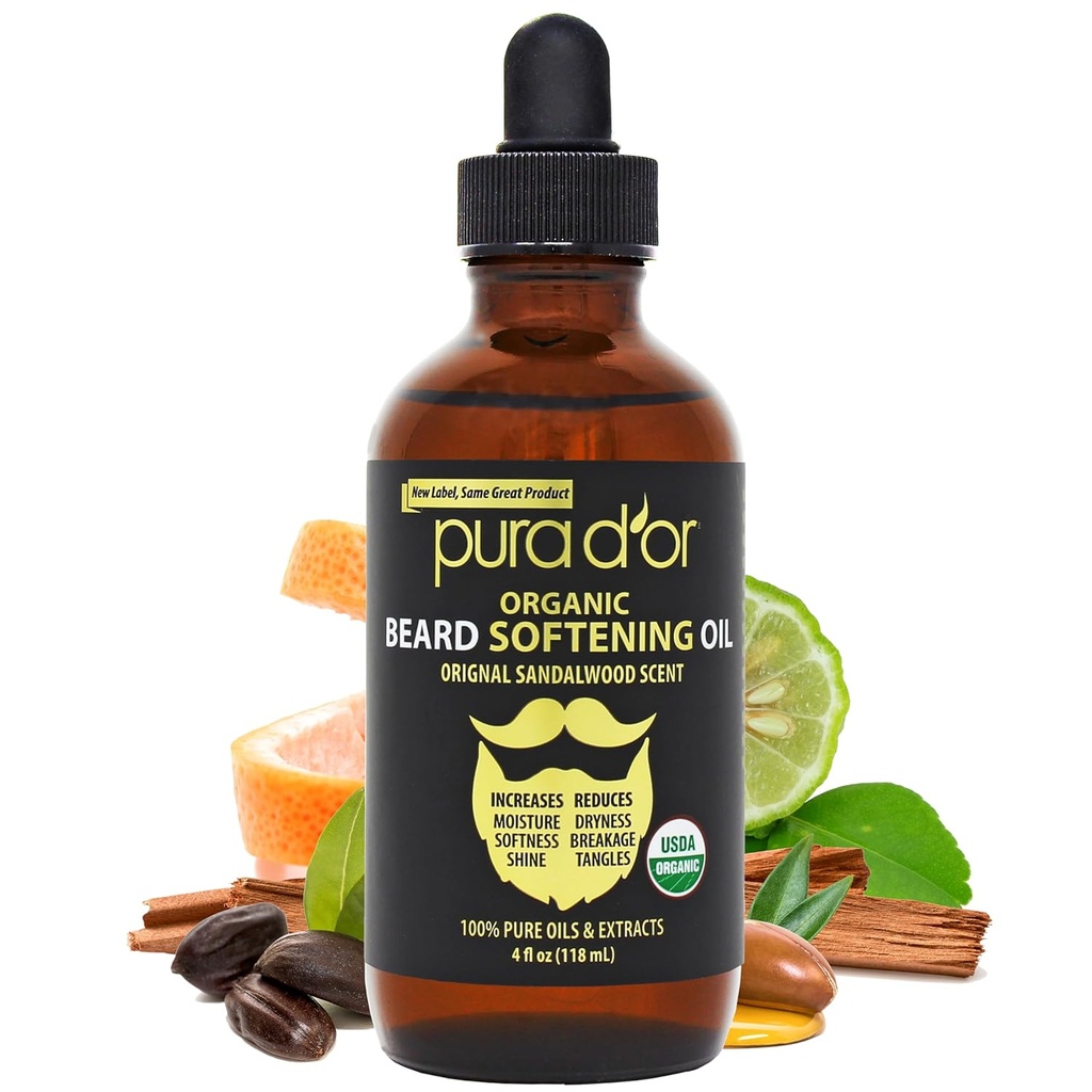 PURA D 'OR 4 Oz Organisk skæg blødgøringsolie - Original Sandalwood Duft - Leave-In Conditioner, Argan & Jojoba Oil - Mustache Care & Vedligeholdelse, øge blødhed og styrke - Skæg hår, hud og ansigt