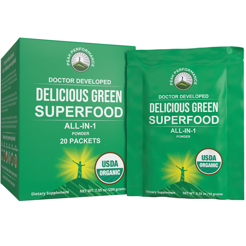 Peak Performance Organic Green Superfood Powder Single Serve Travel Pacets. Bedste Tasting Organic Green Juice Super Food med 25 + alle naturlige ingredienser til Max Energy. (20 Pack)