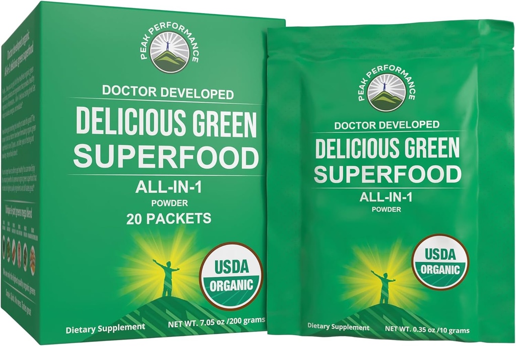 Peak Performance Organic Green Superfood Powder Single Serve Travel Pacets. Bedste Tasting Organic Green Juice Super Food med 25 + alle naturlige ingredienser til Max Energy. (20 Pack)