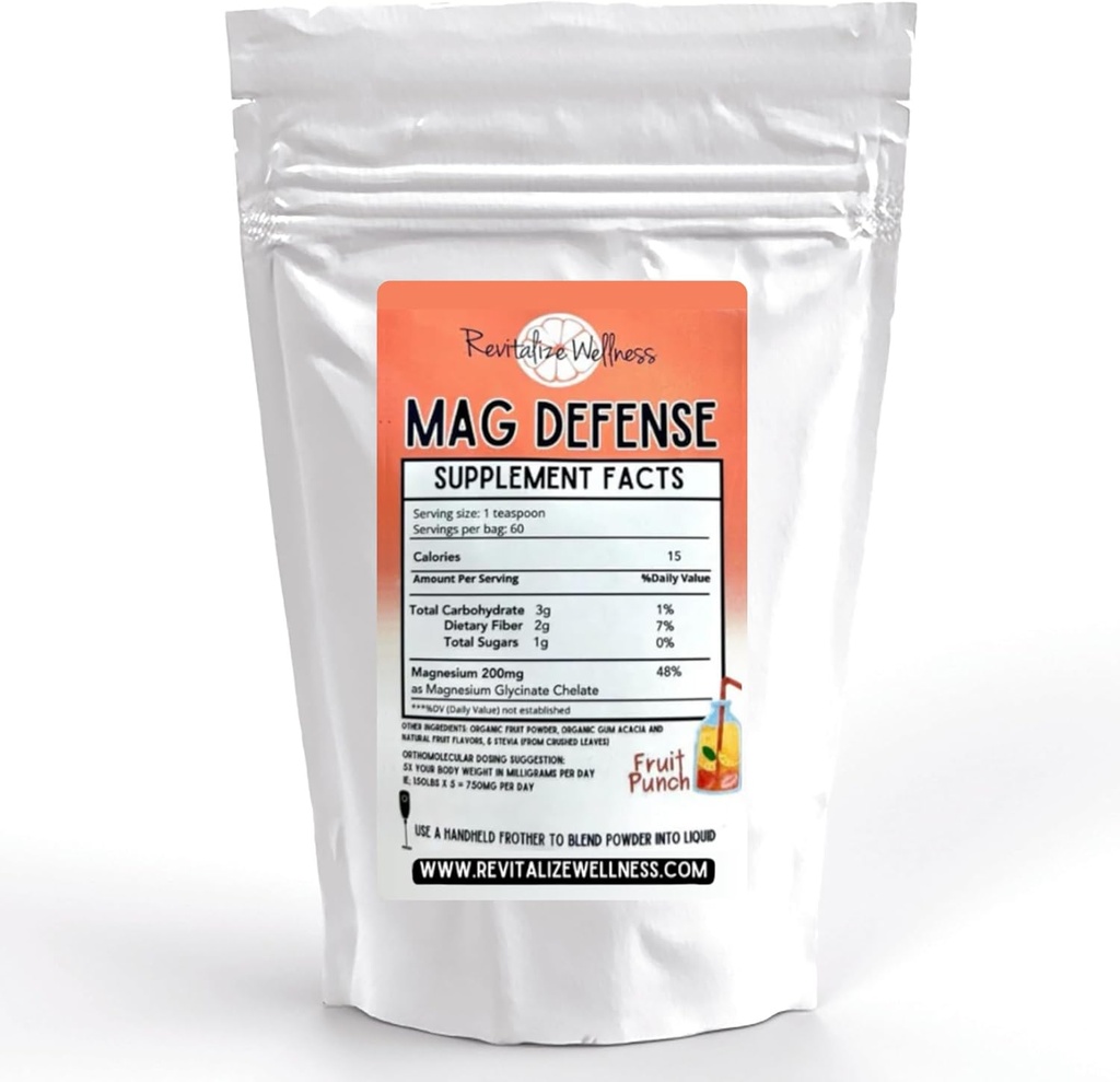 Mag Defense Powder against 124; Orthomolekulær dosis af Magnesium 200 mg som Magnesium Glycinate Chelate area 124; Pure, Corn Free, & GMO- Free area 124; Fruit Punch Flavor Shavor 124; 60 Servering