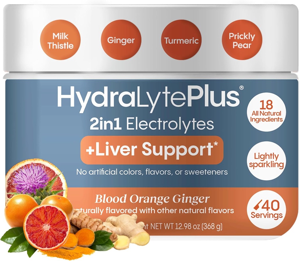Hydralyte Leverstøtte + Electrolyte Mix med mælk tidsel, gurkemeje, Ingefær, Prickly Pære, Green Tea Extract Formuleret til hurtig rehydrering, (blod Orange Ginger, 40 Serve Tub)