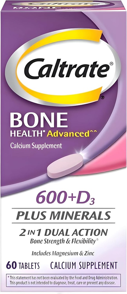 Caltrat 600 + D3 Plus mineraler Calcium og D-vitamin tilskud tabletter, ben sundhed og mineraltilskud for voksne - 60 Tæl