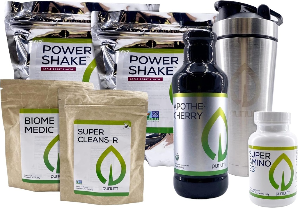 Purium Cleansing + Fitness Bundle - Inkluderer Power Shake (Apple Berry), Apothe- Cherry, Super Amino 23, Super CleansR, Biome Medic, & Blender Flaske
