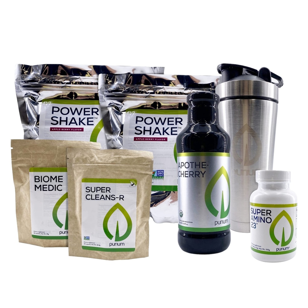 Purium Cleansing + Fitness Bundle - Inkluderer Power Shake (Apple Berry), Apothe- Cherry, Super Amino 23, Super CleansR, Biome Medic, & Blender Flaske