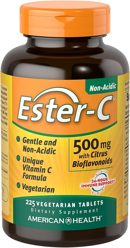 Ester- C American Health med Citrus Bioflavonoider Vegetariske tabletter, 24-timers immunforsvar, Genert på Mave, Non- Acid C-vitamin, Non- GMO, Gluten- Free, Vegan, 112 Servere, 500 mg, 225 Tæl