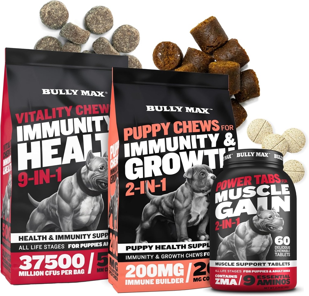 Bully Max Dog Vitality Chews, Muscle Builder Tabs (60 faner) & Puppy Chews Bundle - Daglige hund Kosttilskud til muskelstøtte, immunforsvar, og komplet ernæring til hvalpe, voksne og seniorer