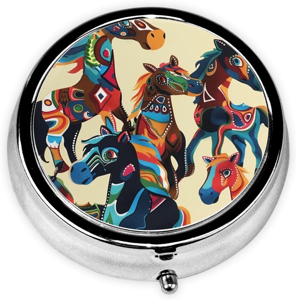 Farverige Cartoon Horse Printed Round Pill Organizer med 3 kompartmenter, Portable Mini Pill Box Pill Case for Medicine, Vitamin, Fish Oil, Kosttilskud