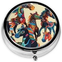 Farverige Cartoon Horse Printed Round Pill Organizer med 3 kompartmenter, Portable Mini Pill Box Pill Case for Medicine, Vitamin, Fish Oil, Kosttilskud