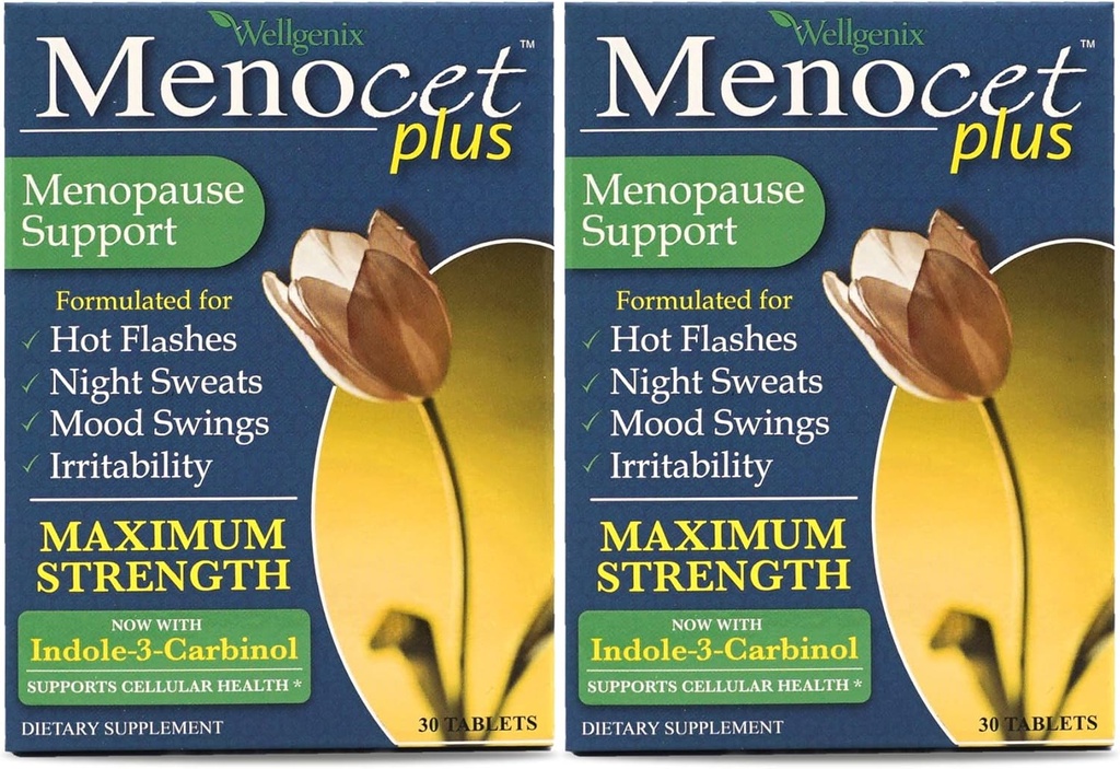 Wellgenix Menocet Plus Menopause Support - All- in- One Menopause Supplement - Daily Relief Feminine Care - Hot Flashs, Night Sweats, Mood Swings & Irritability - 30 tabletter (pakke med 2)