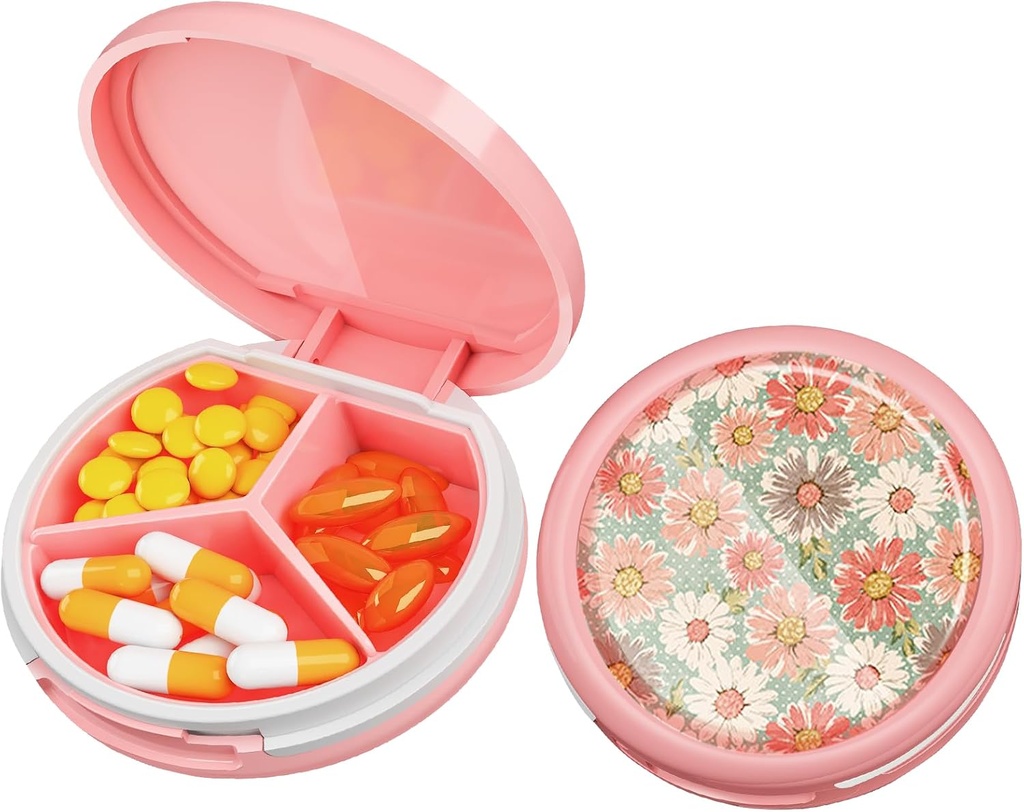 Serfeymi Small Pill Box - 3 afdelinger Portable Pill Box til purse Pocket, Compact Mini Travel Pill Case - Egnet til medicin, Vitamin, Fish Oil, Kosttilskud - Pink (Daisy)