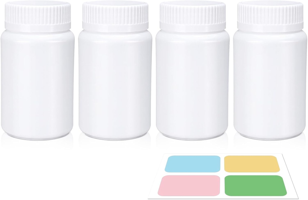 Hvid pilleflaske, Tomme Medicine Flasker med Skrue Caps for piller kapsler Vitaminer, Food Grade Plastic Medicine Containers med etiketter til rejser (3.4oz / 100ml, 4 stk.)