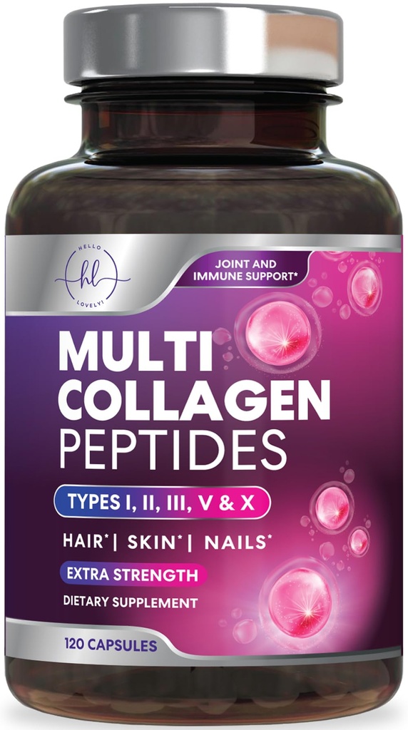Multi collagen supplement 2400 mg - type I, II, III, V & X Multi collagen peptider til kvinder & mænd, hydrolyseret collagen kosttilskud, hår, hud, negle, og fælles supporttillæg, 120 kapsler
