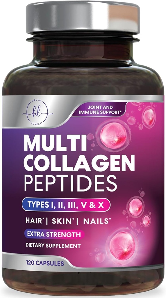 Multi collagen supplement 2400 mg - type I, II, III, V & X Multi collagen peptider til kvinder & mænd, hydrolyseret collagen kosttilskud, hår, hud, negle, og fælles supporttillæg, 120 kapsler