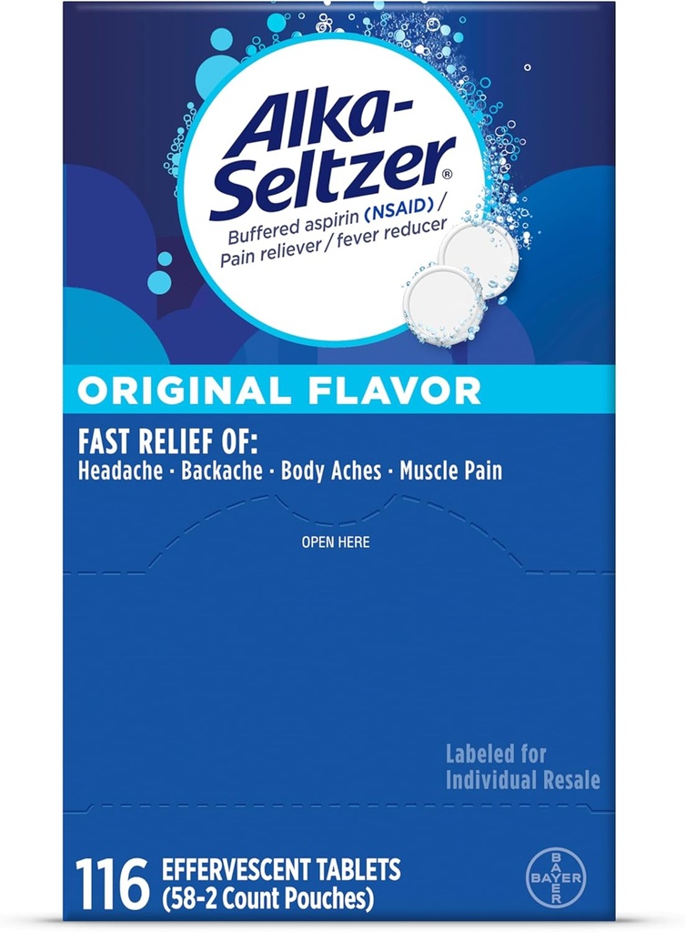 Alka- Seltzer Effervescent Tablets Original Flavor, Fast Multi- Symptomer Relief fra Hovedpine og Body Ache, Opløselige Effervescent Fizzy Tablets, Pain Relief Dispenser Pack, 116 Ct