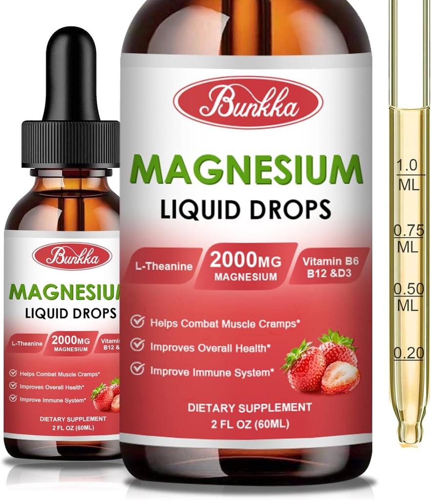 Magnesium Glycinat 500 mg supplement, flydende Magnesiumkompleks tillæg med Magnesium Glycinat, Malat, Taurat, Citrate & L- Theanin for Muscles, Sleep & Stress Relief- Strawberry Flavor