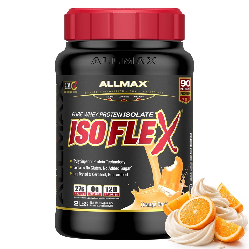 ALLMAX Nutrition ISOFLEX Whey Protein Isolate, Orange Dreamsicle - 2 LB - 27 Bedste Protein Per Scoop - Zero Fat & Sugar - 99% Lactose Free - Gluten Free & Soy Free - Ca. 30 Servere