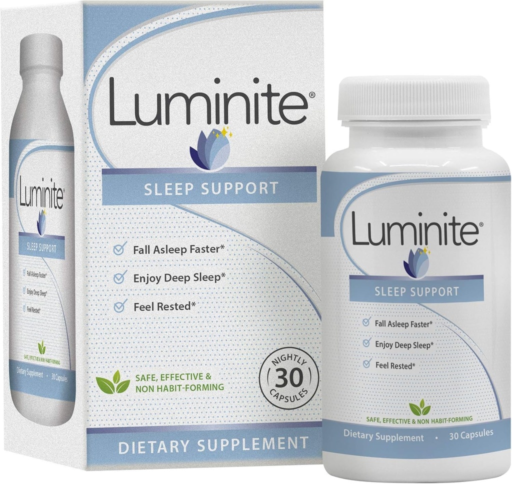 Luminite Sleep Support - Nattertid Sleep Aid Supplement - L- Tryptophan, Melatonin, Chammomile - Ikke Habit Danning, 30 Greve