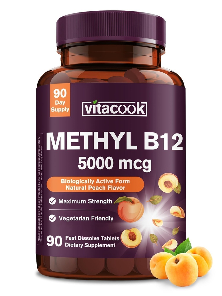 Vitamin B12 Sublingual, Methylcobalamin 5000mcg til energiproduktion, Energi, Nerve & Cell Support, Natural Peach Flavor, Vegan, Zero Sugar, 90 Fast Opløs tabletter