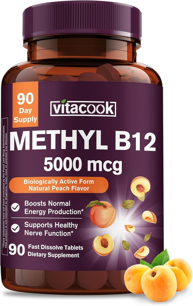 Vitamin B12 Sublingual, Methylcobalamin 5000mcg til energiproduktion, Energi, Nerve & Cell Support, Natural Peach Flavor, Vegan, Zero Sugar, 90 Fast Opløs tabletter