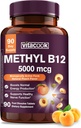 Vitamin B12 Sublingual, Methylcobalamin 5000mcg til energiproduktion, Energi, Nerve & Cell Support, Natural Peach Flavor, Vegan, Zero Sugar, 90 Fast Opløs tabletter
