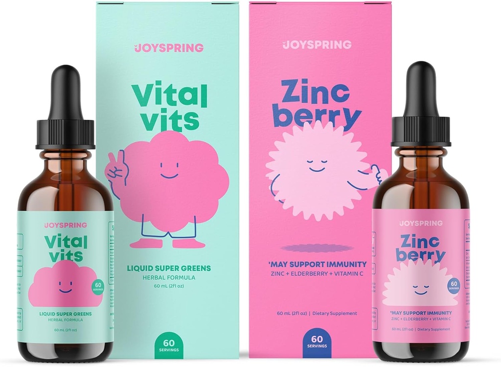 JoySpring Daily Multivitamin & ZincBerry Bundle # 124; Kids Vitaminer naturligt sourced, Non- GMO, Non- Alkoholic Liquid Formel, Immunity Health Support # 124; Vegansk & Vegetarisk Kosttilskud
