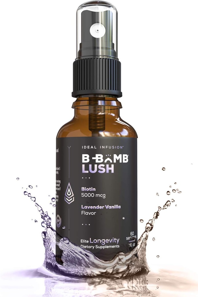 Ideel infusion B- Bomb Lush Biotin Liquid Spray: Organic Lavendel Vanilla - 5000mcg, Hårvækst Vitamin til Tykkelse og Volume - Hud Sundhed, Stærkere Nails, Keto, Vegan