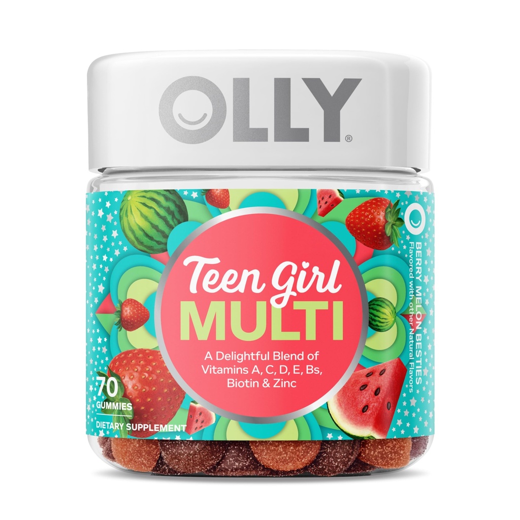 Olly Teen Girl Multi Gummy, sund hud og immunforsvar, 15 essentielle vitaminer, biotin, zink, calcium, Chewable Multivitamin, Berry Melon, 35 Day Supply, 70 Greve