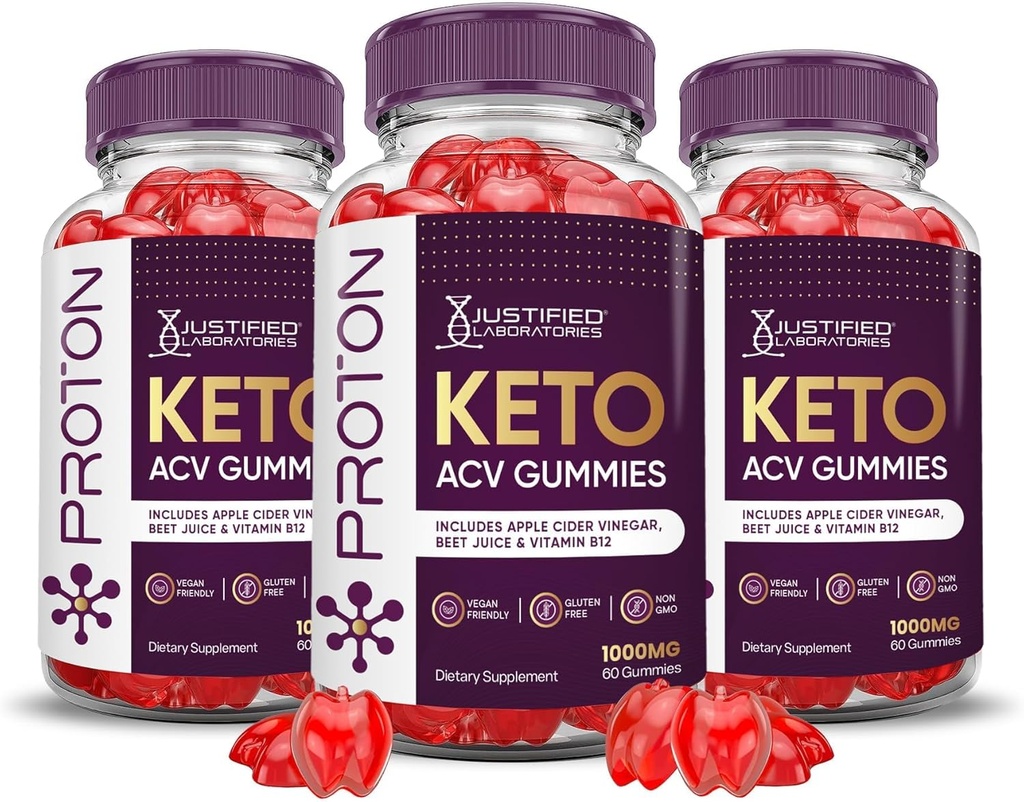 Justified Laboratories (3 Pack Proton Protein Keto ACV Gummies Advanced Formel 1000MG Proton Boost Formuleret med Pomegranate Beet Juice Powder B12 Vegan Non GMO 180 Gummys