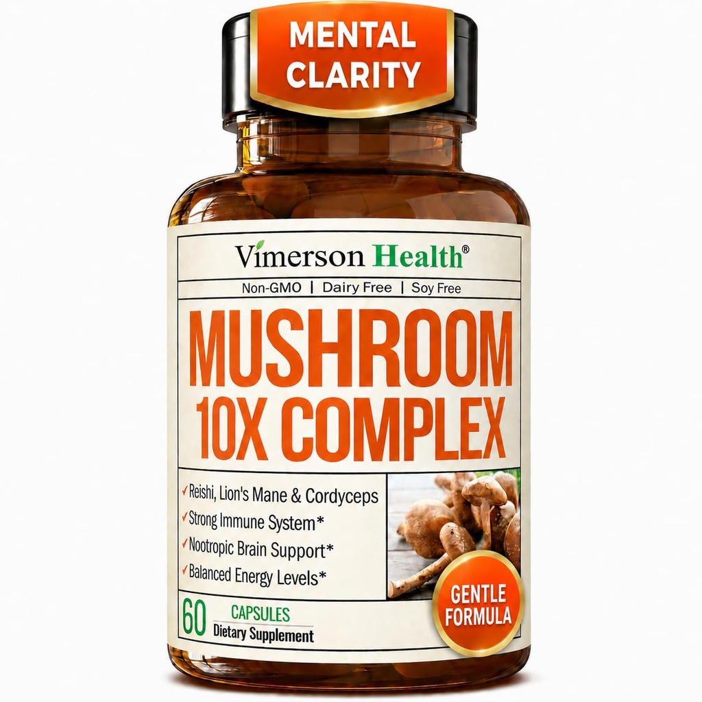 Potent Mushroom Kompleks med Tyrkiet Hale, Lions Mane Extract, Shiitake Mushrooms, Reishi, Cordyceps, Maitake, Chaga & Mere - 10-1- Mushroom supplement til mental Klarhed, Natural Energy & Focus