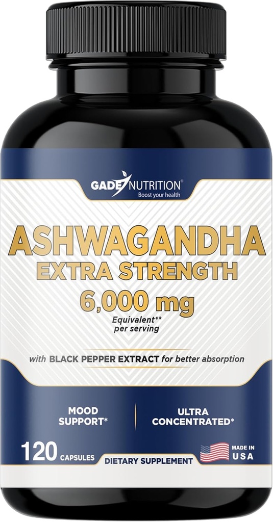 Gade Nutrition Ashwagandha Kosttilskud - Ekstra Styrke, ashwagandha Powder Kapsler med sort peber, Natural Mood, Focus, og Energy Support, 120 Veggie Kapsler, USA Made