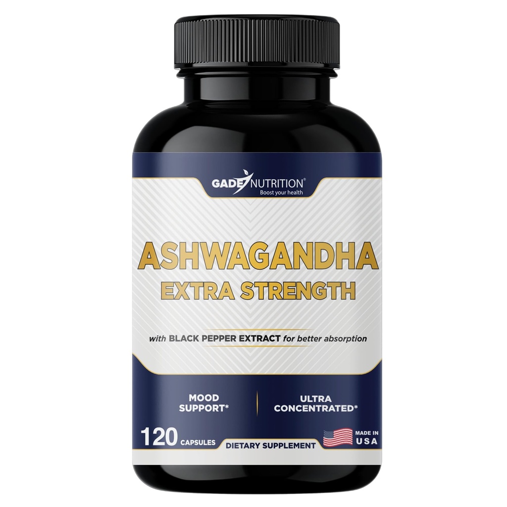 Gade Nutrition Ashwagandha Kosttilskud - Ekstra Styrke, ashwagandha Powder Kapsler med sort peber, Natural Mood, Focus, og Energy Support, 120 Veggie Kapsler, USA Made