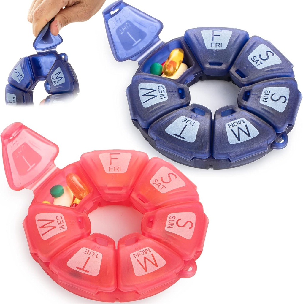 Round Weekly Pill Organizer, TPU Rubberized, Travel Pill Container 7 Dag, med 7 store kompartmenter, Great for daglige vitaminer & kosttilskud, Cute Pill Case med store bogstaver og braille (2 stk)