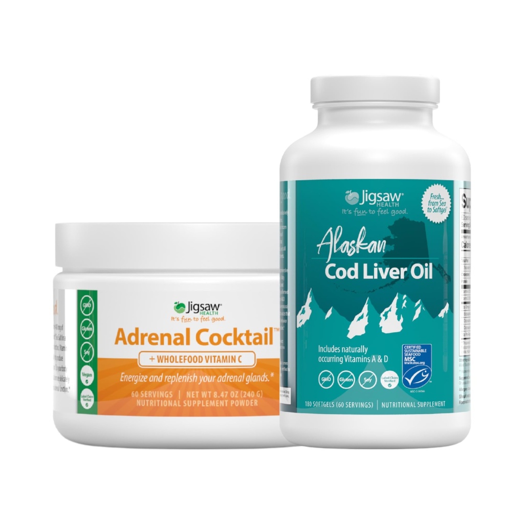 Jigsaw Health Bundle against 124; Adrenal Cocktail, 60 Servere (Jar), og Alaska Cod Lever Oil, 180 Softgels
