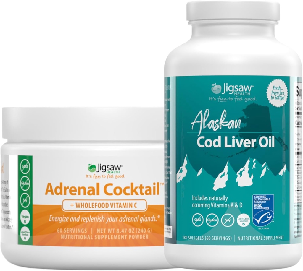 Jigsaw Health Bundle against 124; Adrenal Cocktail, 60 Servere (Jar), og Alaska Cod Lever Oil, 180 Softgels