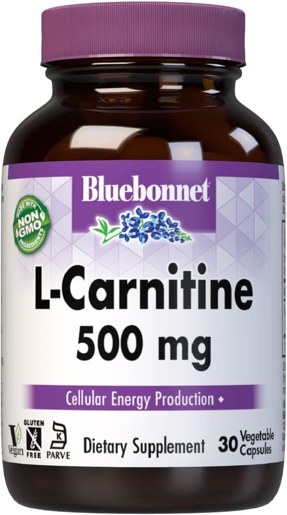 Bluebonnet Nutrition L- Carnitin 500mg, Transporterer fede syrer *, øger cellulær energi *, Soy- fri, Gluten- fri, Non- GMO, Kosher Certified, Vegan, 30 Vegetabilske kapsler, 30 Servere