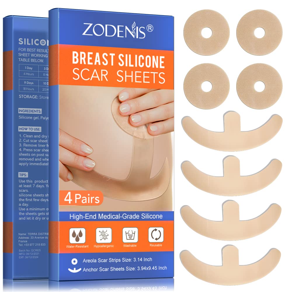 Silikone Scar Sheets til Bryst - 8 Pack, herunder 4 Areola Soft Strips & 4 Anchor Sheets
