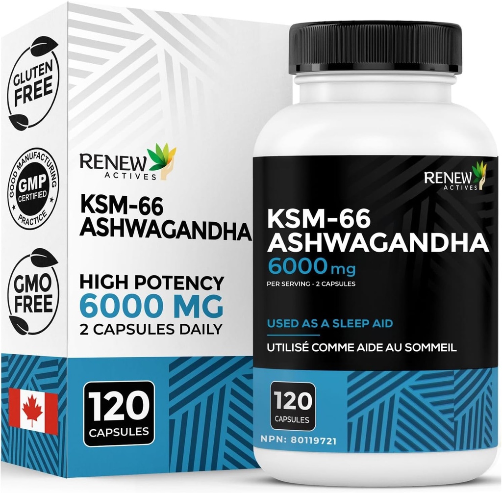 Renew Actives Ashwagandha KSM- 66 Supplement 500MG per servering med Black Pepper til Superior Absorption - Focus & Mood Support til at øge energi & dvalehjælp - Lavet i Canada - 120 kapsler