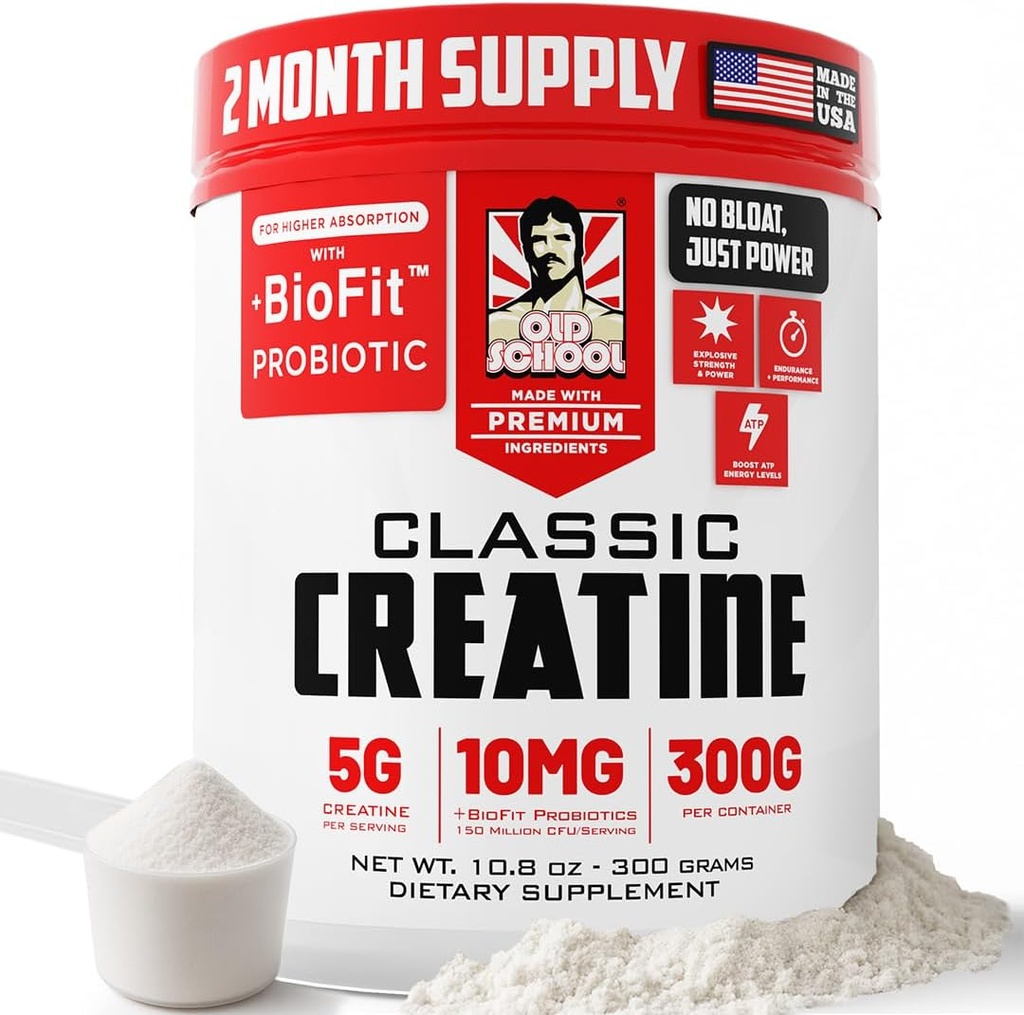 Old School Labs Micronized Creatine Monohydrate with No Bloat BioFit™ Probiotic - Men & Women Post-Recovery Powder for Strength & Performance - 60 Servings Unflavored