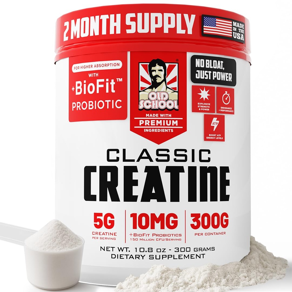 Old School Labs Mikroniseret Creatine Monohydrat med ingen Bloat BioFit ™ Probiotisk - Mænd og kvinder efter-Recovery Powder for Strength & Performance - 60 Servering Unflavored