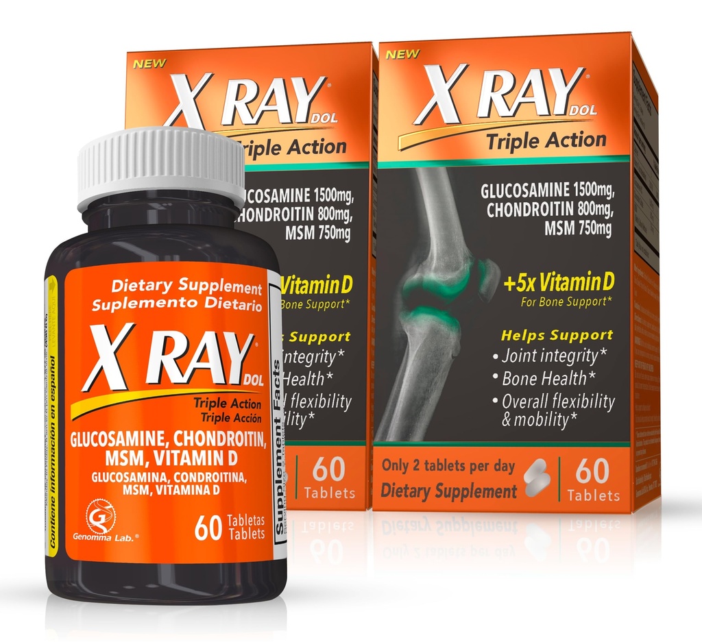 X Ray Dol Triple Action fælles supporttillæg med Glucosamin 1500mg, Chondroitin 800mg, MSM 750mg og 5X vitamin D for sunde joints, Bones & Cartiage - 60 greve per flaske - 2 Pack