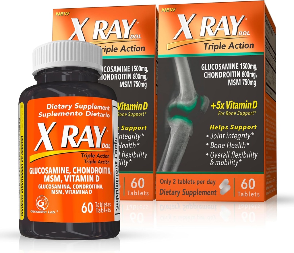 X Ray Dol Triple Action fælles supporttillæg med Glucosamin 1500mg, Chondroitin 800mg, MSM 750mg og 5X vitamin D for sunde joints, Bones & Cartiage - 60 greve per flaske - 2 Pack