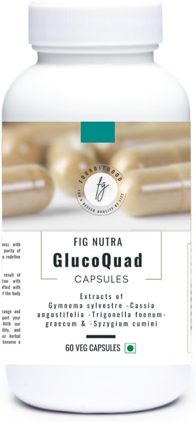 FiG Nutra 'GlucoQuad' Kapsler er 124; Urtemetaboliske Support Supplement 124; Gymnema, Fenugreek, Cassia, Syzygium Blend; 60 Veg Kapsler