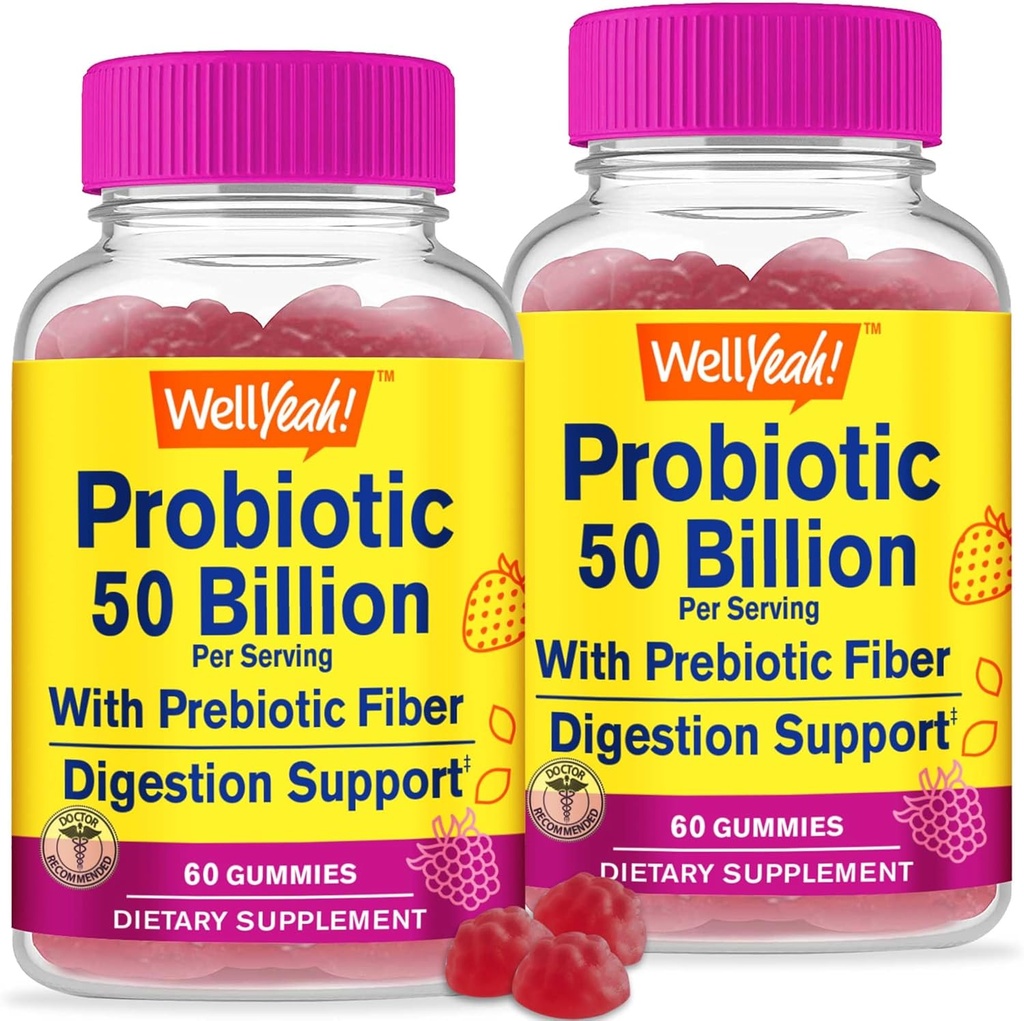 WellYe (2 Pack 50 Millioner Probiotika + Prebiotika til mænd og kvinder Gummies - fordøjelsesstøtte, Gut Health, immunsupport Gummy - Probiotika til fordøjelsessundhed med 12 Stains - 60 Gummies
