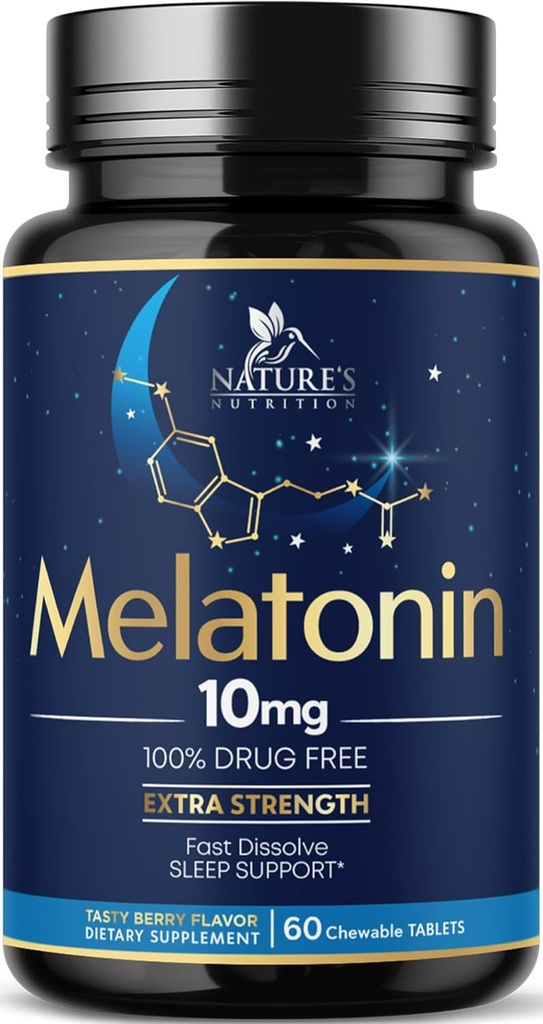 Melatonin 10mg Fast Opløs tabletter - Ekstra styrke, Sukker Free Melatonin Kosttilskud til afslappende søvn support, Natural Sleep Support Supplement for voksne, lækker Strawberry Flavor, 60 tabletter