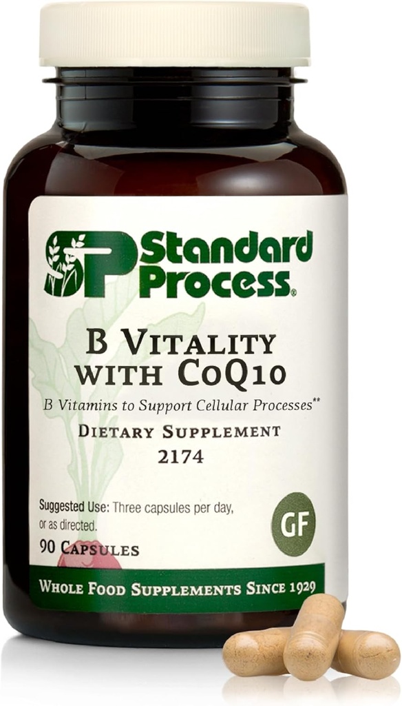 Standard Process B Vitality with Coq10 - Cellular Health Supplement with Biotin, Vitamin B12 & Folate - Vegan, Gluten- Free & Non- Dairy - 90 kapsler (30 Servere)