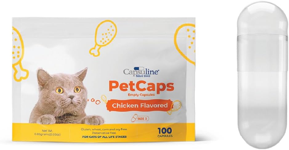 Capsulin PetCaps Størrelse 3 Tomme Gelatine kapsler til katte af alle livsstadier, kylling smag - 100 Greve Medicine Smag & Duft Medicine Smag & Gluten Free, Kosher, Non- GMO Certificeret 124; Pure Bovine Pill Caps