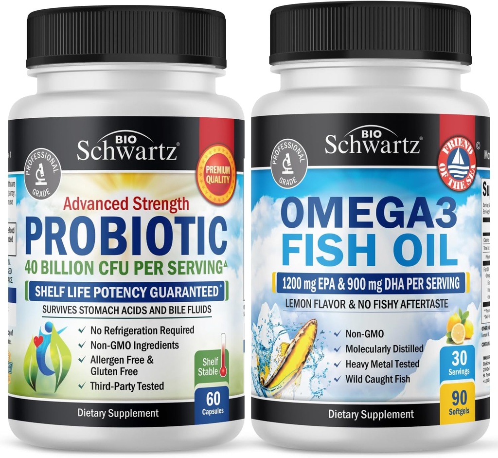 Triple Strength Omega 3 Fish Oil Softgels (1 måned Tilgang) Plus 40 Millioner CFU Dagligt Probiotisk tillæg (1 måned Tilgang)