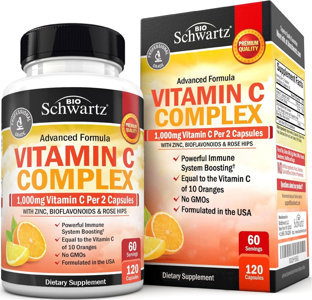 BioSchwartz C-vitamin Complex - C-vitamin 1000mg kapsler med Rose HIPS Zink og Citrus Bioflavonoider til immunsundhed, cellulær energi, kollagen produktion, 120 Greve (60 dages forsyning)