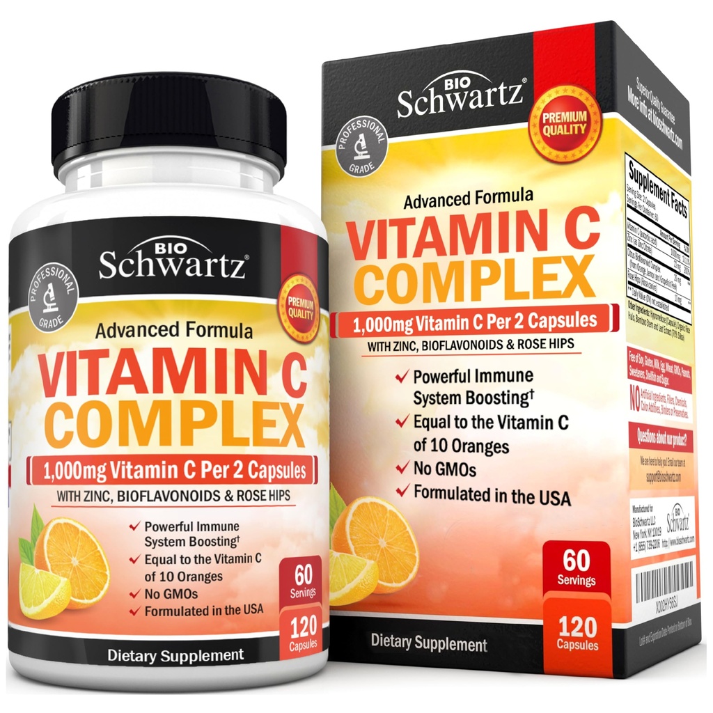 BioSchwartz C-vitamin Complex - C-vitamin 1000mg kapsler med Rose HIPS Zink og Citrus Bioflavonoider til immunsundhed, cellulær energi, kollagen produktion, 120 Greve (60 dages forsyning)