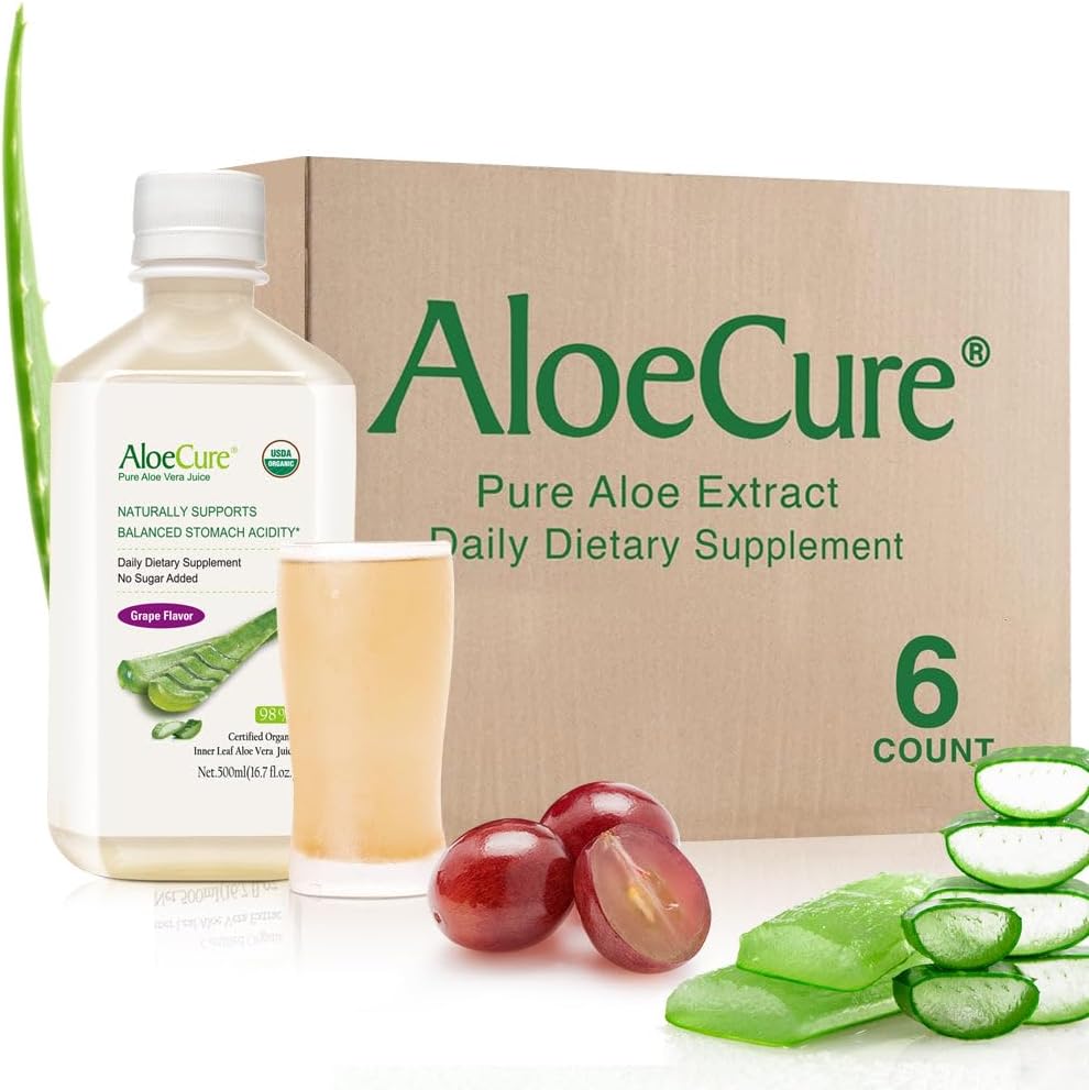 AloeCure USDA Organic Aloe Vera Juice Grape Flavor, Lavet inden for 12 Timer af Høst - Pure Aloe Vera fordøjelig & immunsundhed supplement, Hjælper med at opretholde Balanceret Mavesyre, 16.7oz x 6 Btls